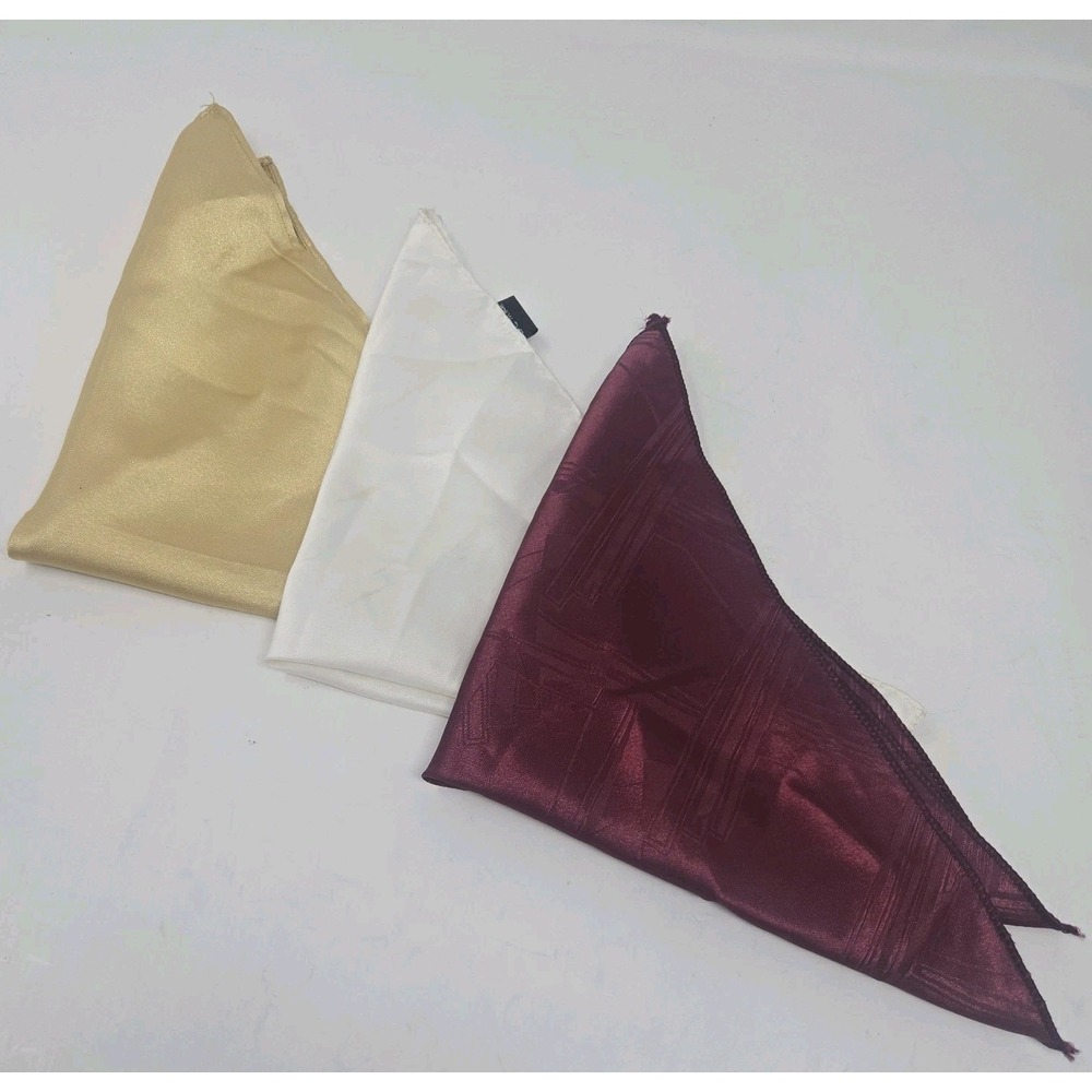 Lot of 3 Mens Pocket Squares Satin Silk Formal Wedding Burgundy Gold White